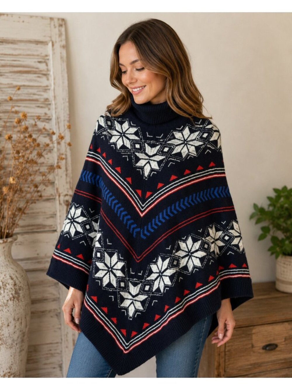 St. Johns Bay Navy Blue Snowflake Shawl Fair Isle Nordic Size M/L Poncho New